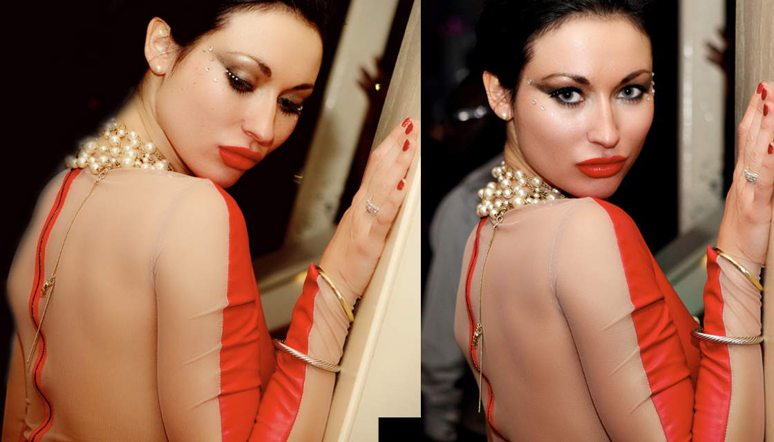 Two pictures of a Penthouse girl posing in nude and red dress and pearls